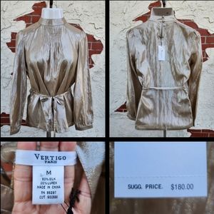 $180 New MEDIUM women VERTIGO PARIS gold SILK metallic long sleeve shirt blouse